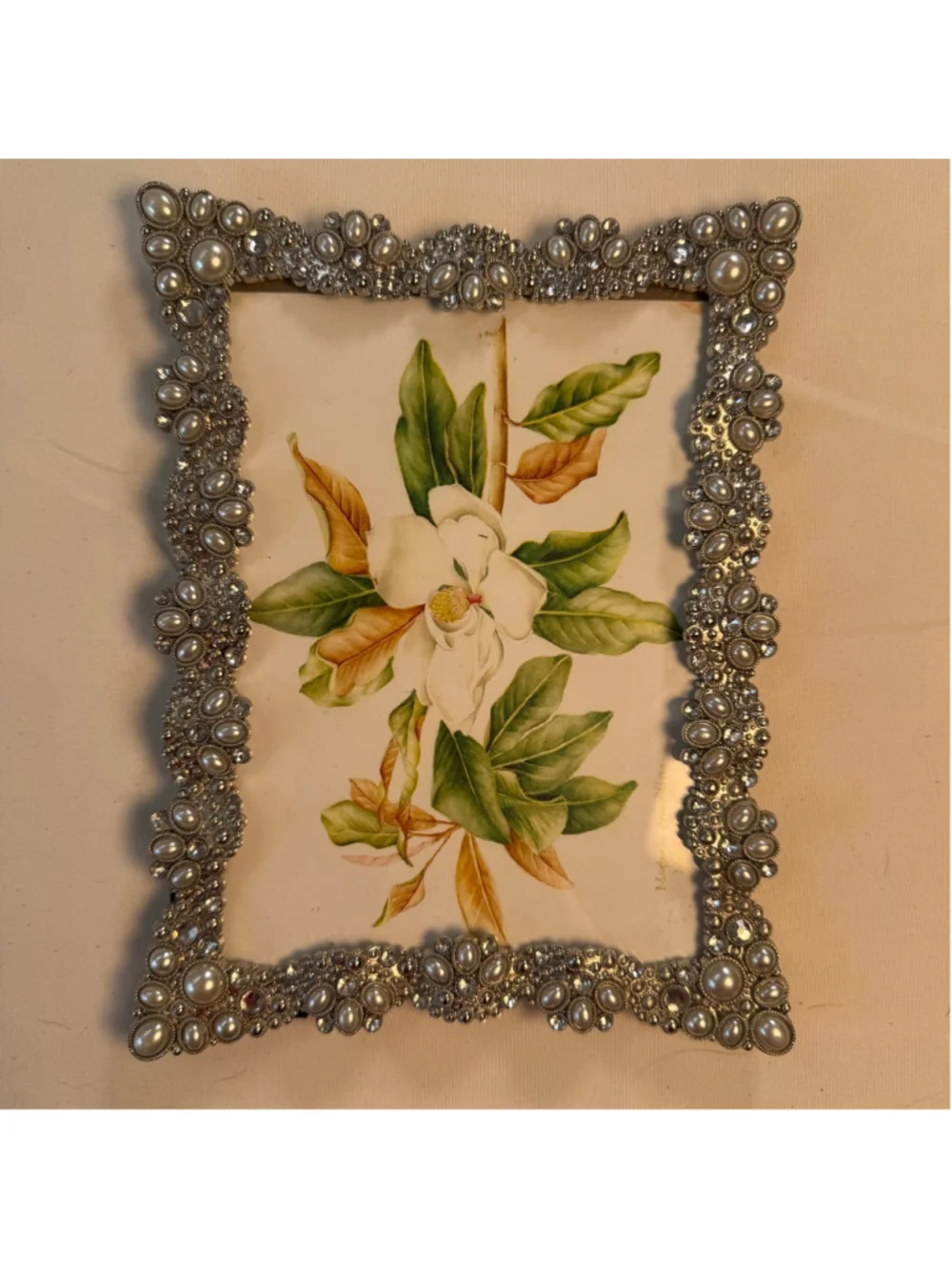 Elegant Pearl & Rhinestone Embellished Picture Frame 5x7 Silver Tone Decorative